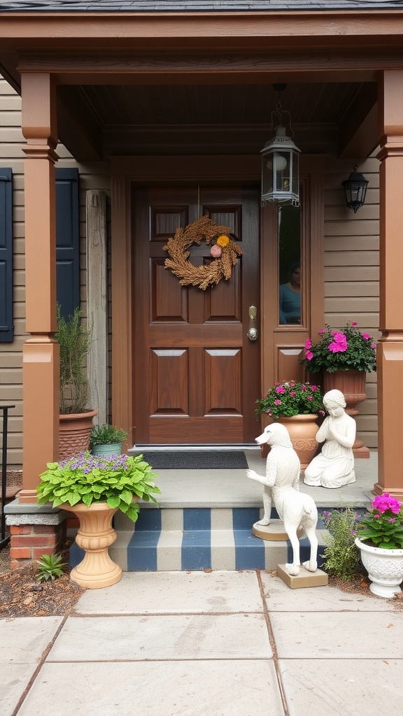 A porch with decorative garden statues and vibrant flowers, showcasing a welcoming entrance.