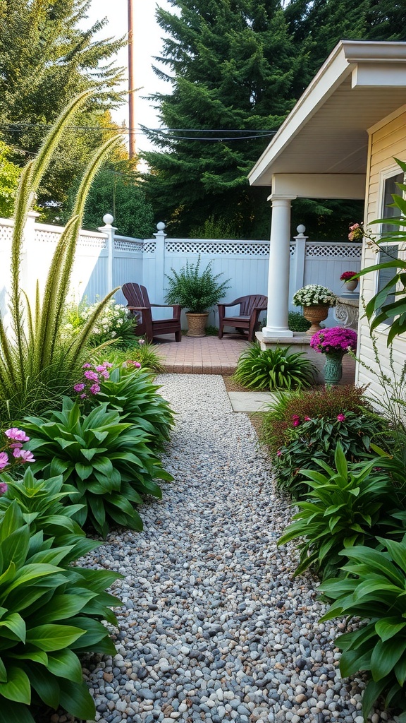 Decorative gravel pathway lined with flowers leading to a cozy patio area
