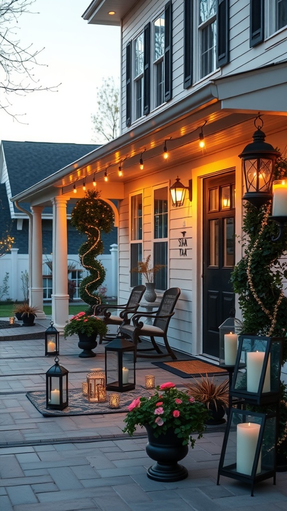Decorative lanterns and candle holders on a front patio with flowers and string lights