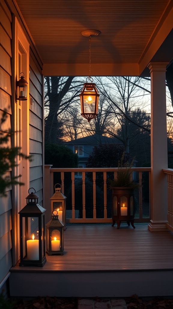 A small porch decorated with hanging and standing lanterns, creating a warm evening atmosphere.