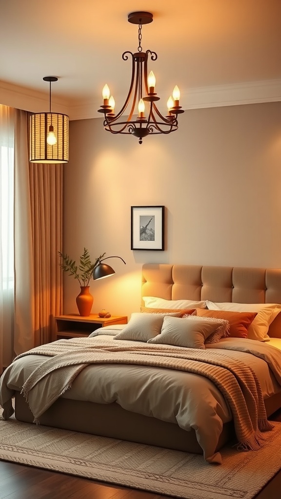 A beige and brown bedroom with decorative lighting options including a chandelier and pendant light.
