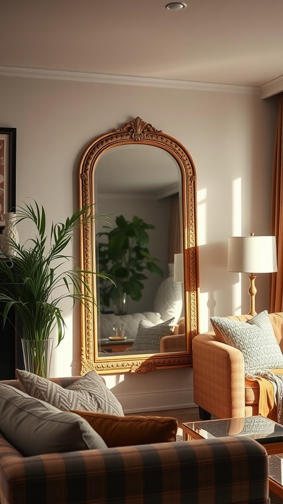 A cozy living room featuring an ornate gold mirror that reflects light, with comfortable seating and green plants.