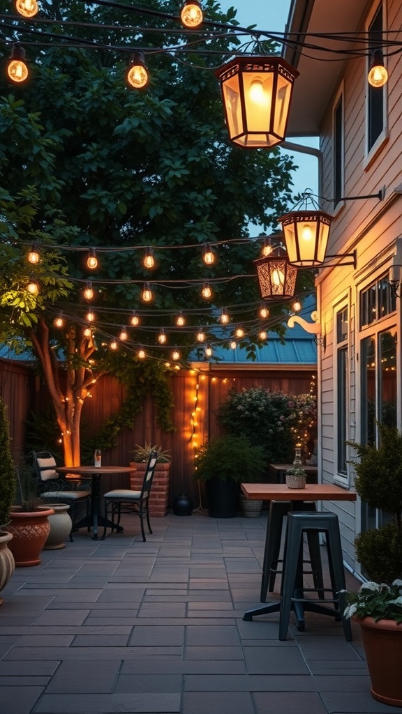 A beautifully lit back patio with string lights and lanterns creating a warm atmosphere.