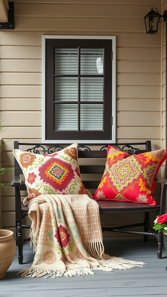 A cozy porch bench with decorative pillows and a throw blanket