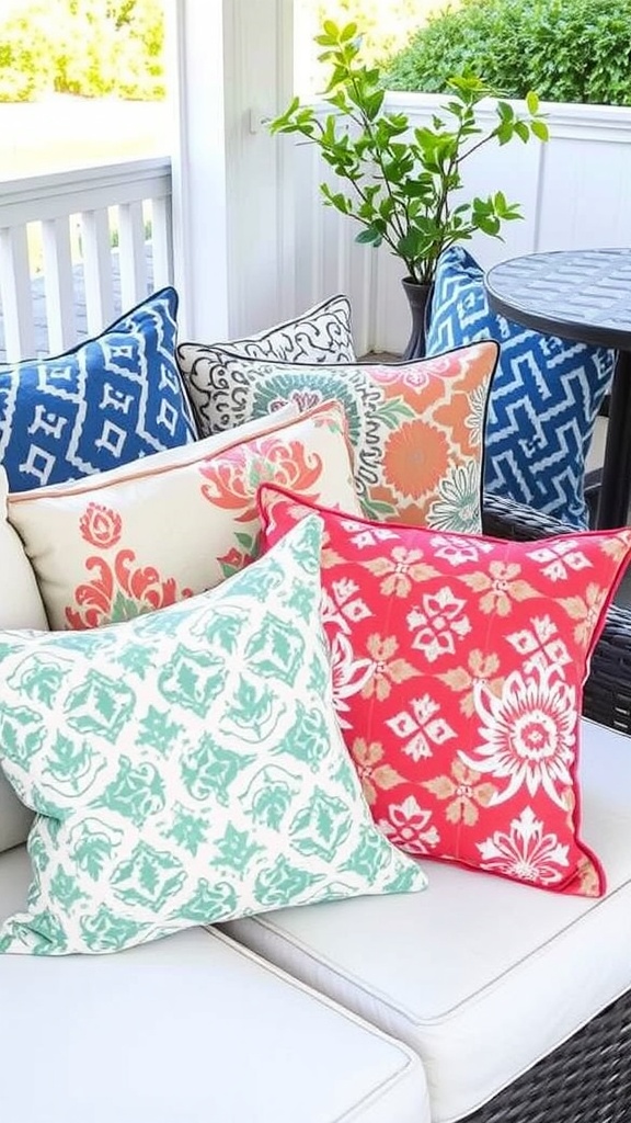 Colorful decorative pillows on a covered patio sofa