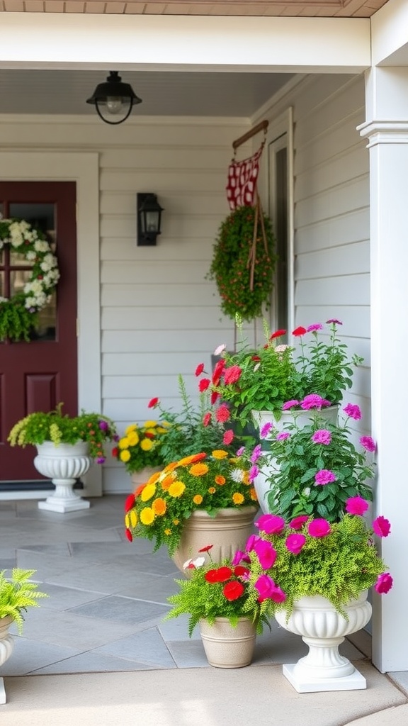 A cozy back porch with decorative planters filled with colorful flowers.