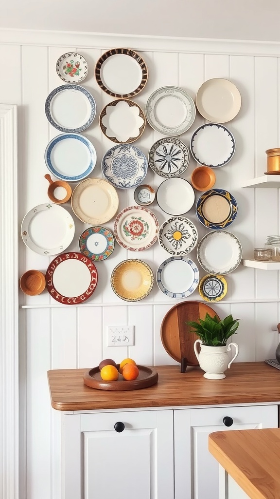 A wall adorned with various decorative plates in a farmhouse kitchen, featuring colorful patterns and designs.