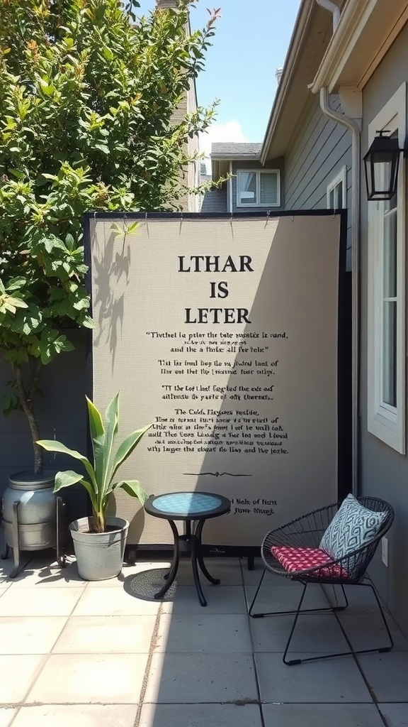 Decorative privacy screen with text design in a small back patio setting