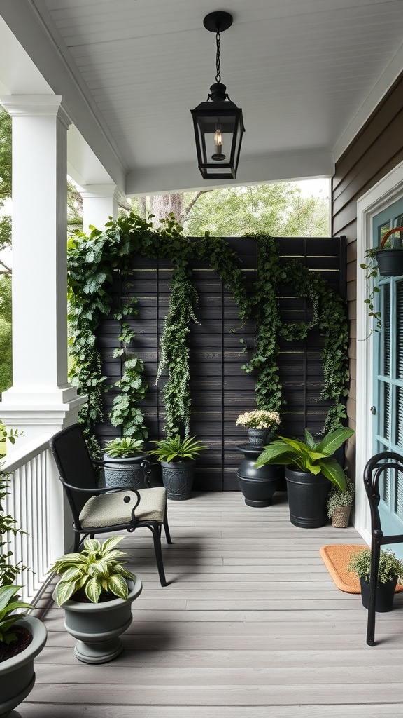 A back porch featuring a decorative privacy screen with greenery, a chair, and potted plants.