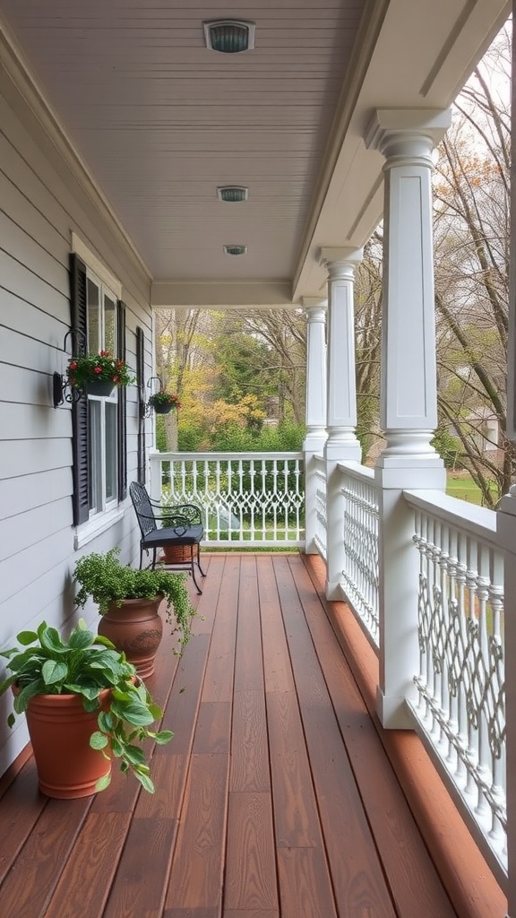 Decorative railings on a mobile home back porch with potted plants and a chair
