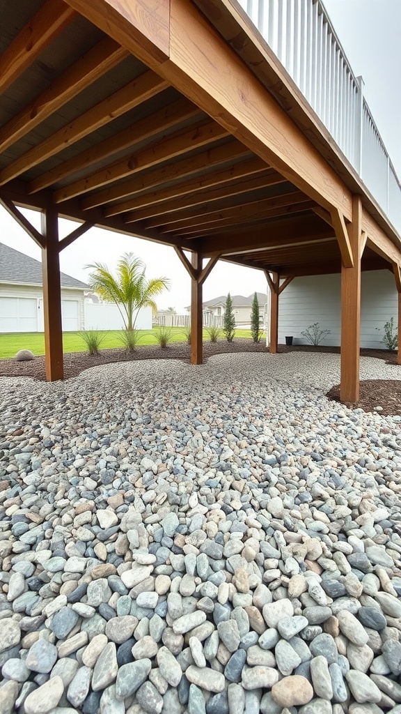 A view of a deck's underside featuring decorative stone gravel on the ground, with wooden beams and a clean, organized look.
