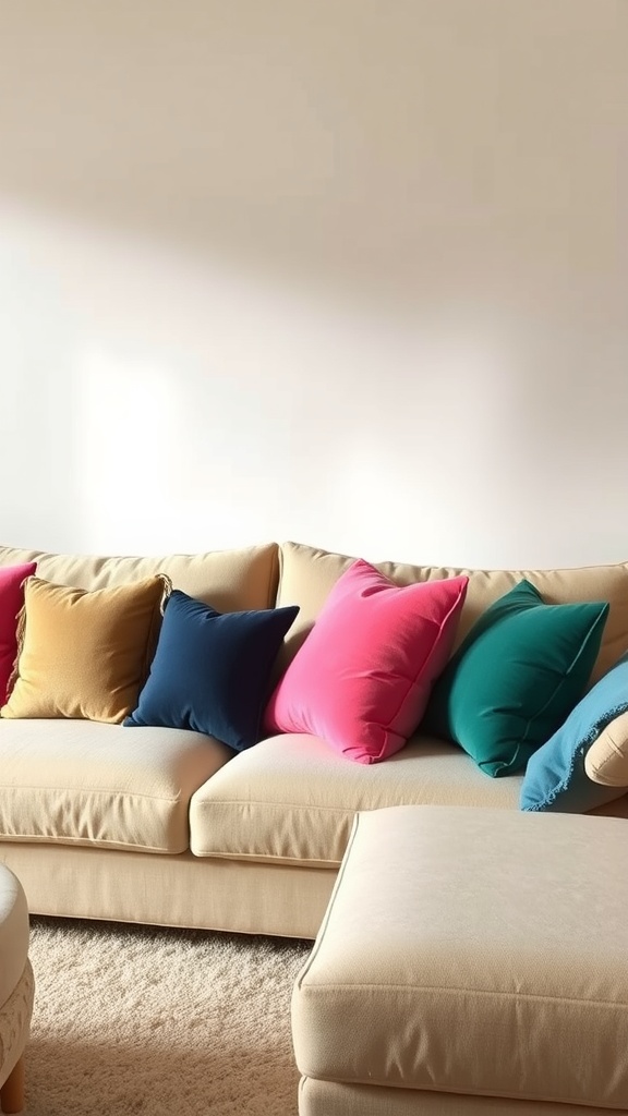 A beige sofa with colorful throw pillows in pink, teal, and gold.