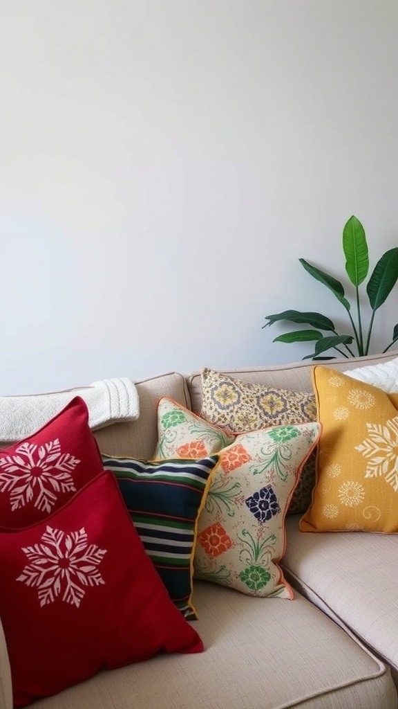 Cozy couch with colorful decorative throw pillows.