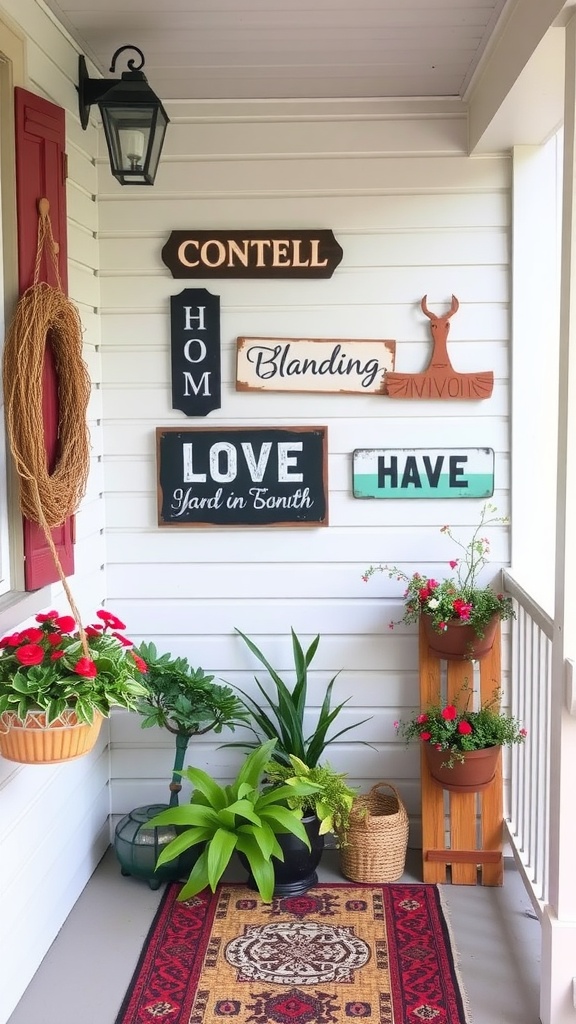 A small porch featuring decorative wall art with colorful signs, plants, and a cozy chair.