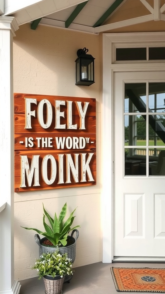A decorative wooden sign on a porch that reads 'FOELY IS THE WORD - MOINK' with potted plants beside it.