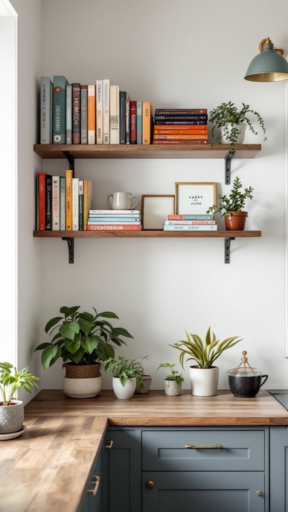 Cozy kitchen nook with decorative wall shelves filled with colorful cookbooks and plants