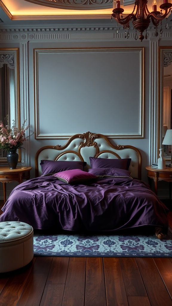 A bedroom featuring deep plum bedding, elegant decor, and warm wooden floors.