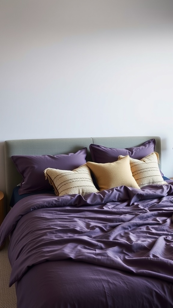 A cozy bedroom featuring deep purple bedding with textured pillows in various shades.