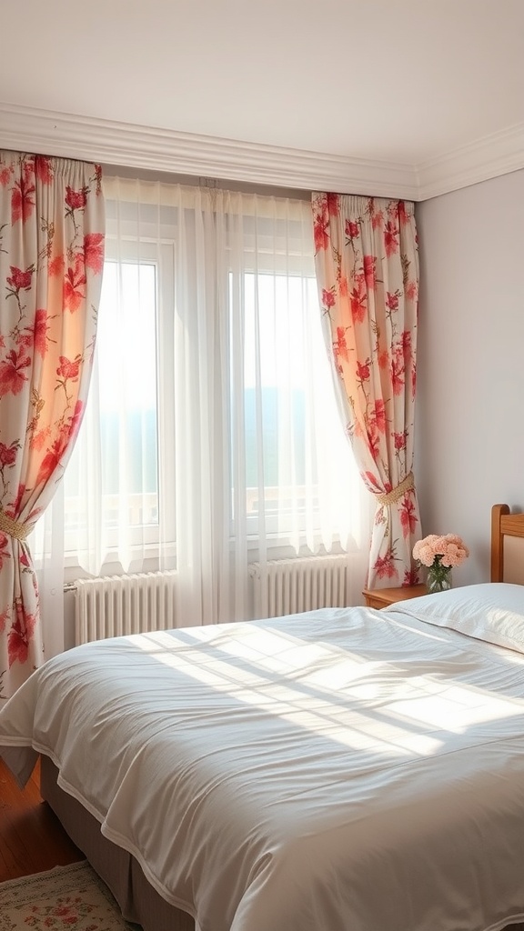 A girly pink bedroom with delicate floral curtains and a bright, cozy atmosphere.
