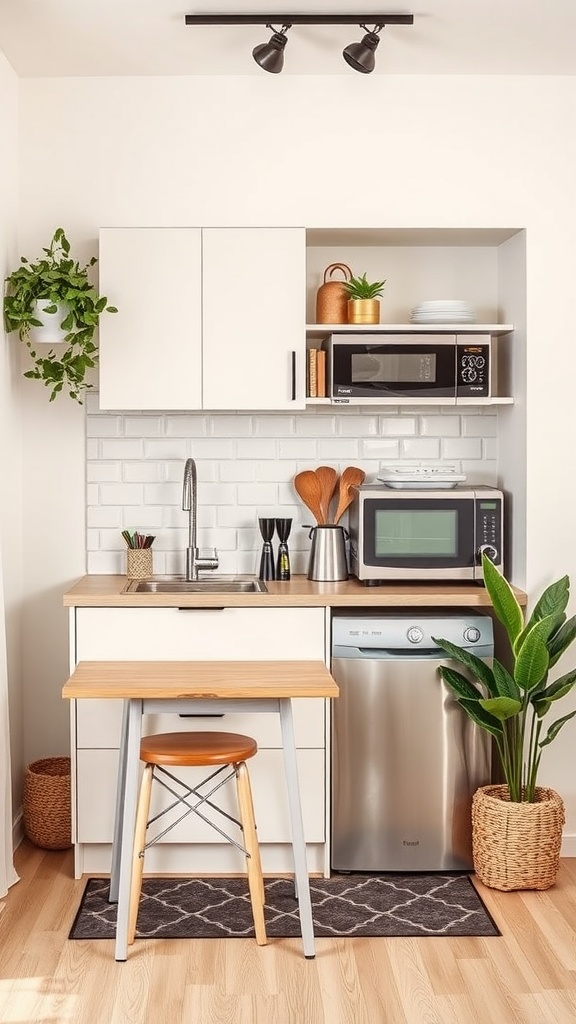 A cozy kitchenette area featuring white cabinetry, wooden countertops, potted plants, and a small dining table.