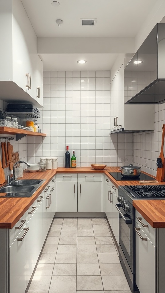 A small cozy kitchen with white cabinetry, wooden countertops, and efficient layout.