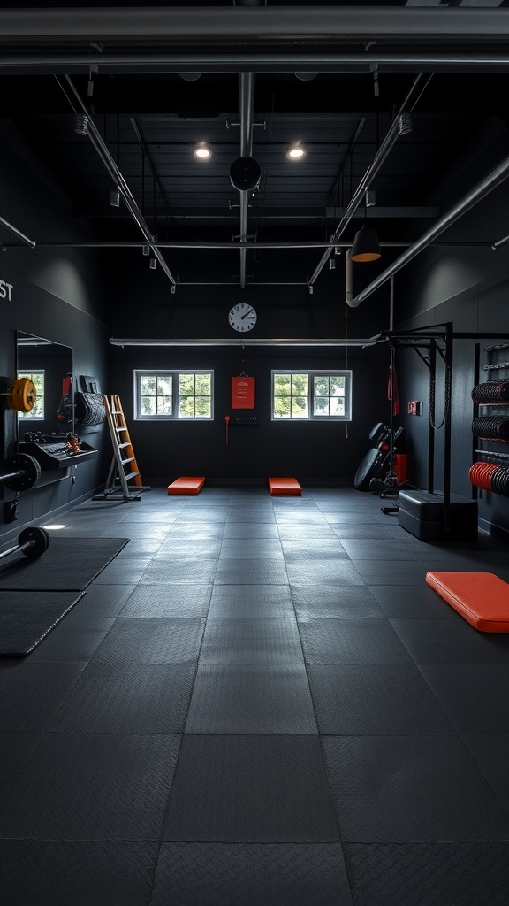 A black garage gym featuring workout mats, weights, and bright overhead lighting.