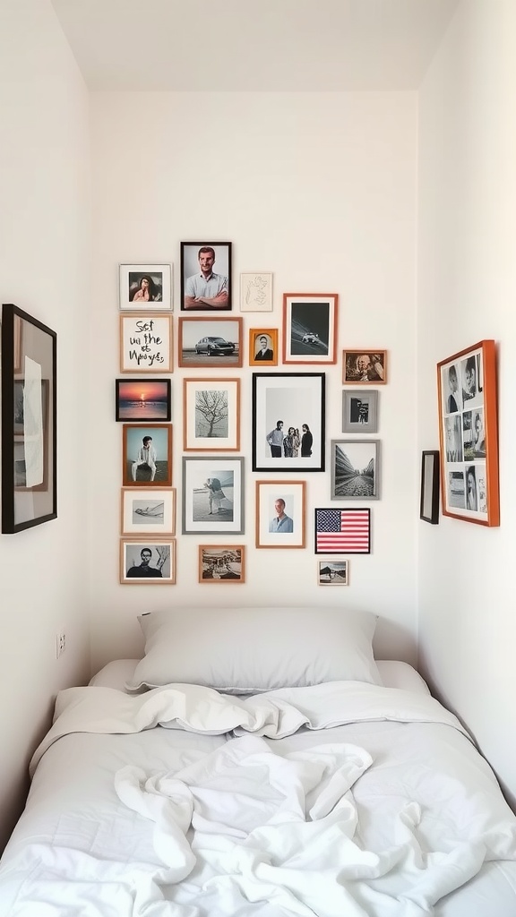 Narrow bedroom with a gallery wall of framed photos and art above a bed.