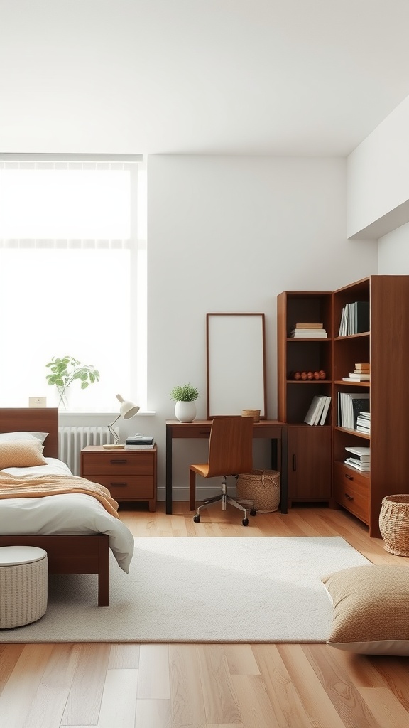 A minimalist bedroom with wooden furniture, soft lighting, and a calm, organized space.