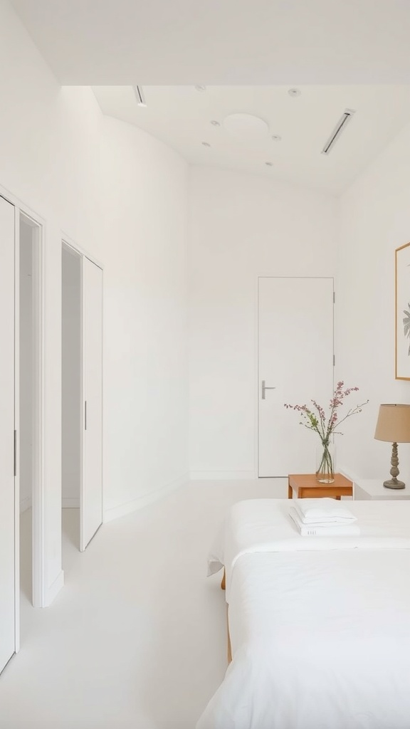 A minimalist narrow bedroom with white walls and furniture, featuring a simple bed, side table with a vase, and ample lighting.