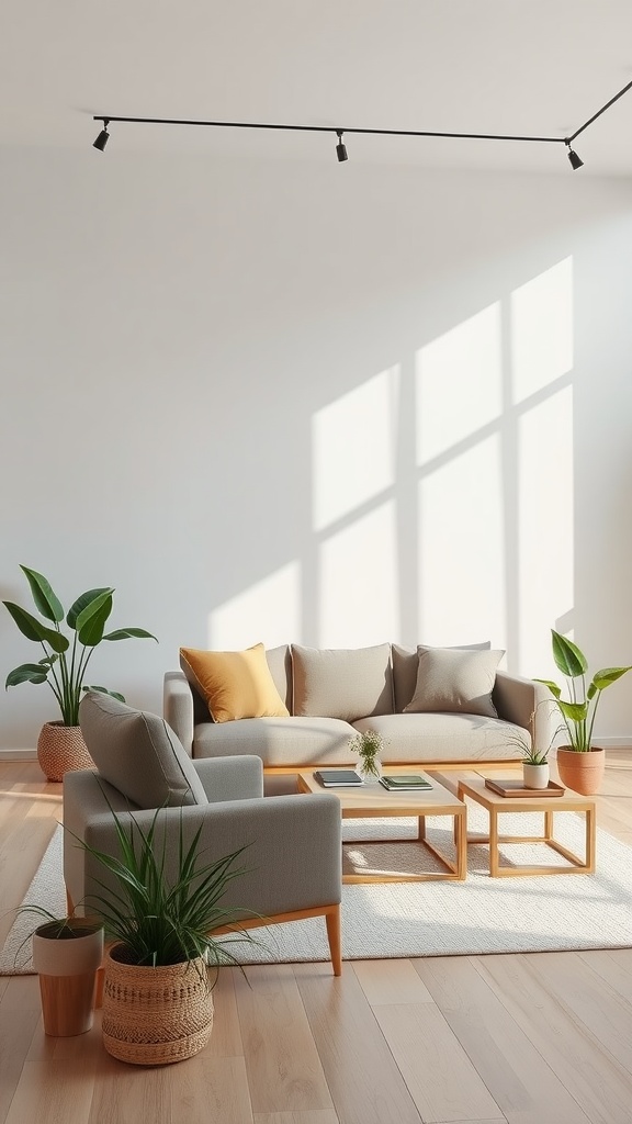 Minimalist living room with gray furniture, wooden accents, and plants.