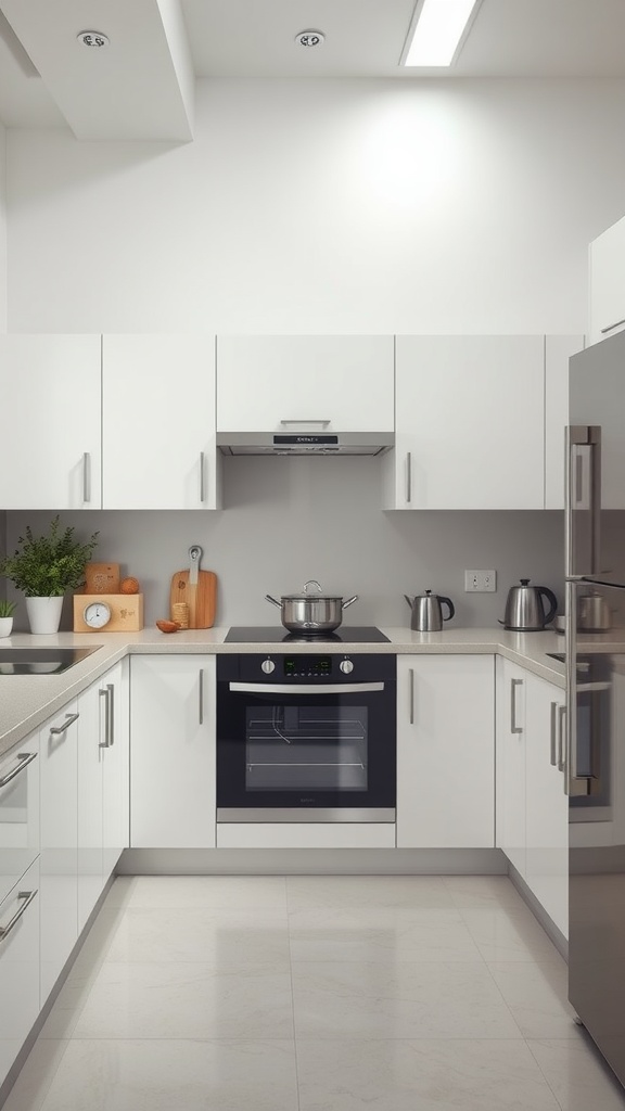 A minimalist kitchen featuring white cabinets, a stove, and sleek design with plants for decoration.