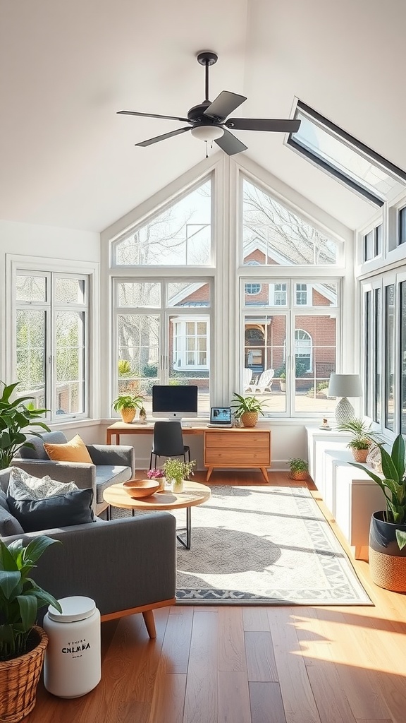 Cozy sunroom with large windows, comfortable furniture, and plants.