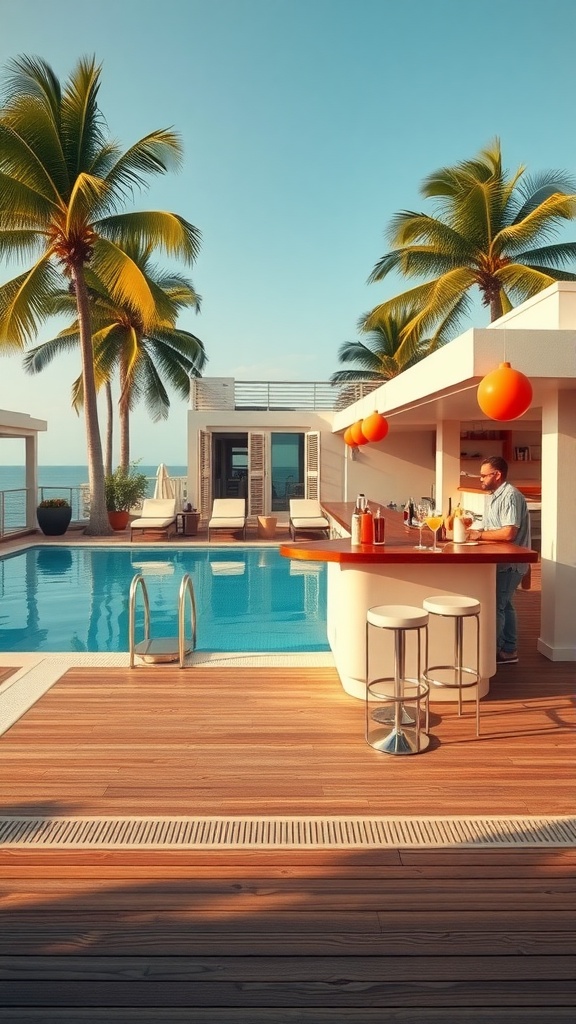 A modern poolside bar area with a sleek design, surrounded by palm trees and a sparkling pool.