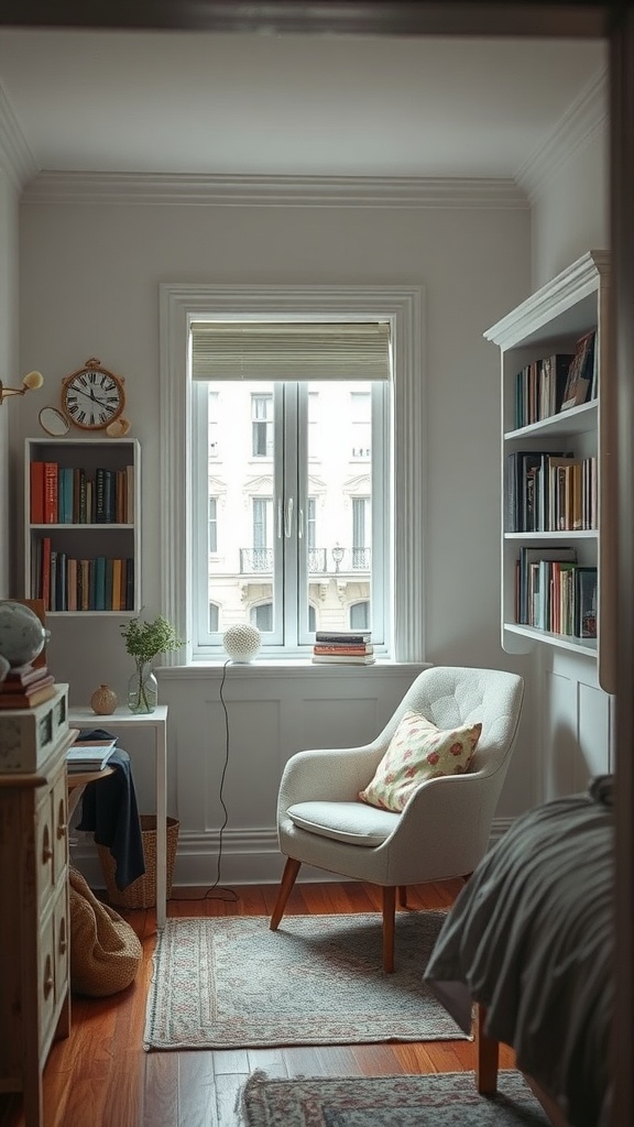 Cozy reading nook in a bedroom with a comfy chair, bookshelf, and window.