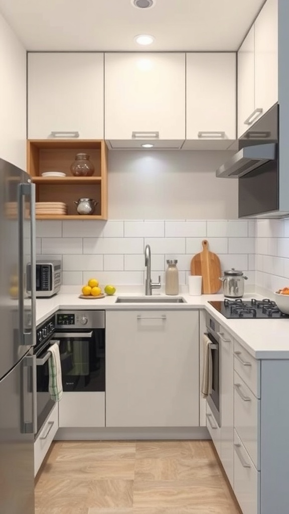 A cozy small kitchen featuring modern appliances, open shelves, and a clean layout.