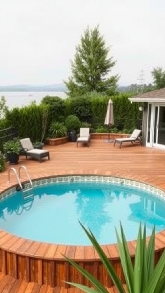 A serene above ground pool with a wooden deck, surrounded by greenery and lounge chairs.