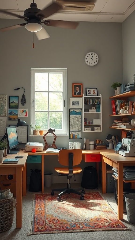 A cozy hobby room with a wooden desk, a comfortable chair, and shelves filled with books and art supplies.