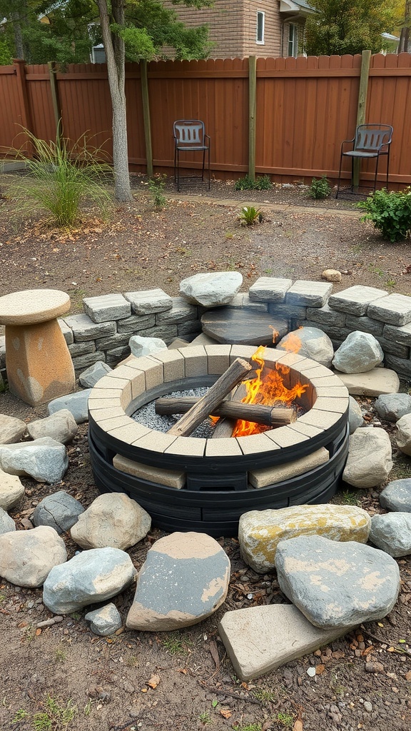 A fire pit surrounded by large stones, with logs burning in the center, and chairs nearby.