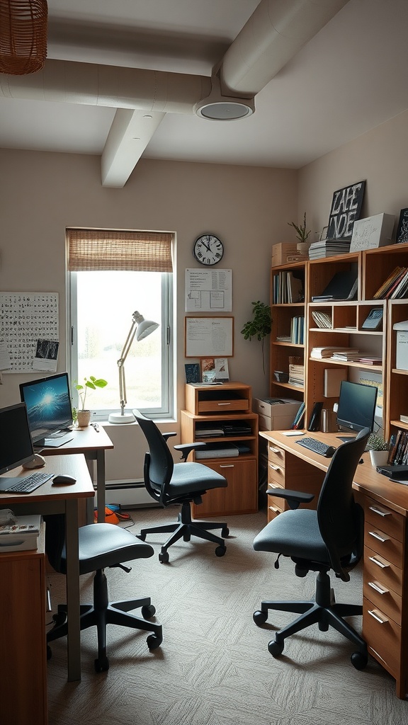 A well-organized hobby room with wooden furniture, plants, and computers, designed for comfort and accessibility.