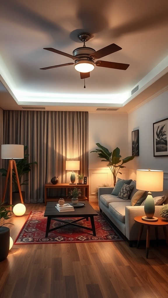 Cozy living room with layered lighting, featuring a ceiling fan light, floor lamps, and a coffee table with decor.