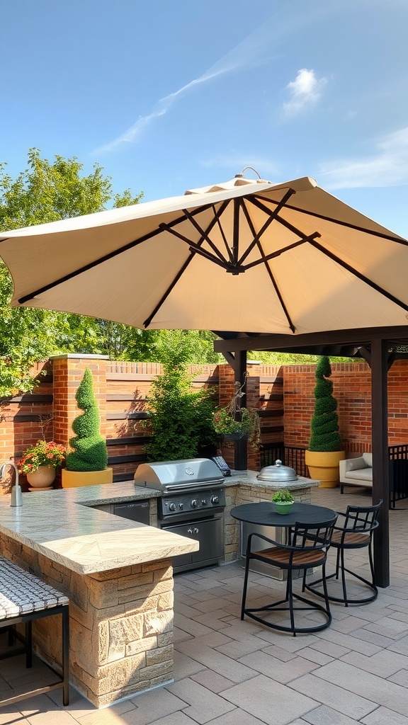 A beautifully designed outdoor kitchen with a large umbrella for shade, stone countertops, and greenery.