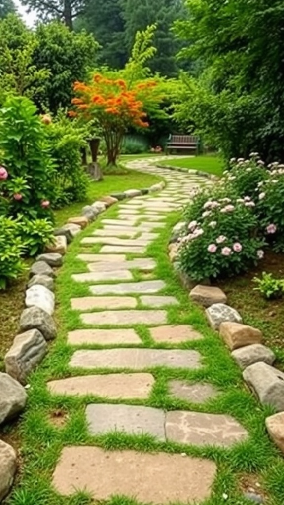 A winding garden pathway made of large stones, bordered by decorative rocks and surrounded by greenery and flowers.