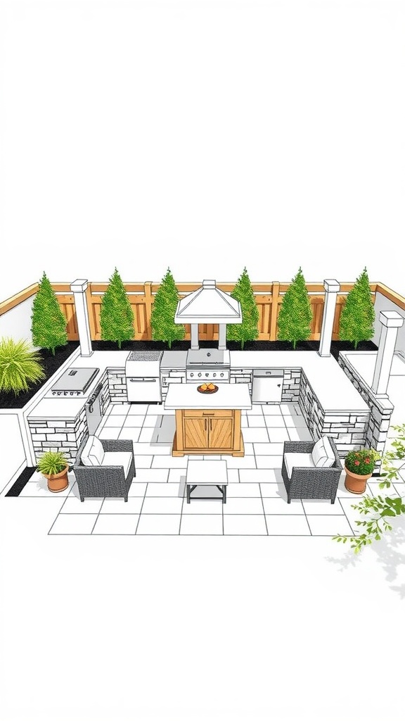A layout design of a backyard outdoor kitchen with seating and greenery.