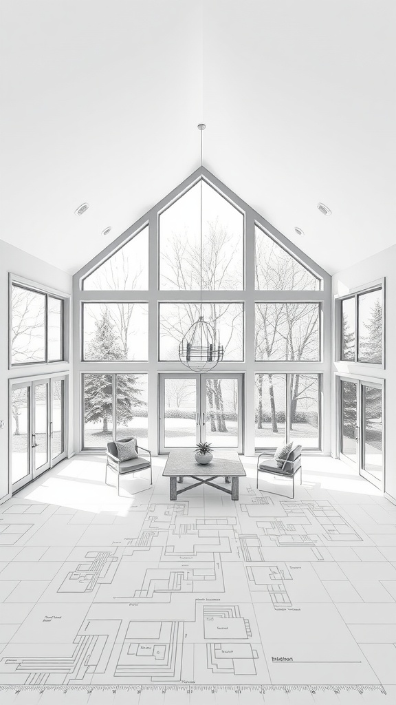 A bright all season room with large windows, minimalist furniture, and a central table featuring a plant.