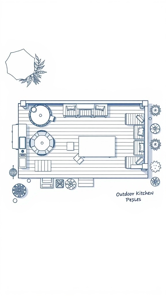 A detailed layout of a deck featuring an outdoor kitchen, dining area, and seating.
