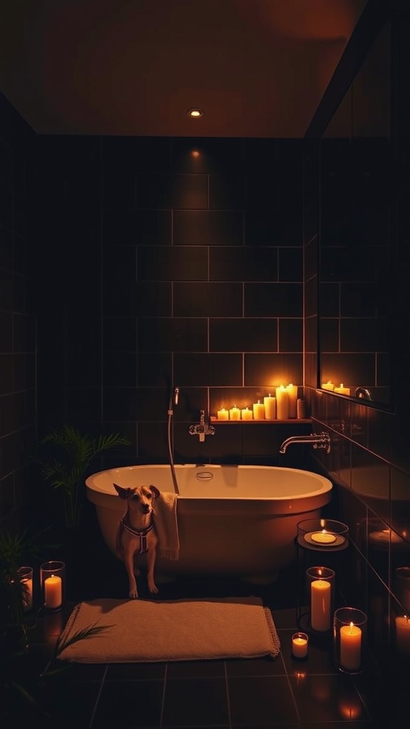A dark bathroom with dim lighting, featuring a bathtub, candles, and a dog.