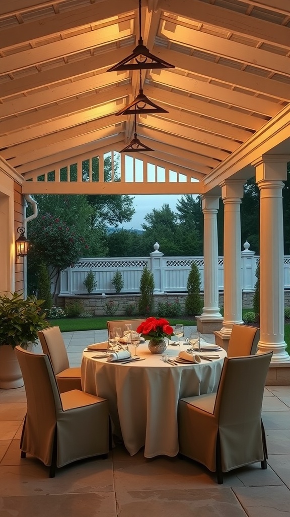 Covered patio with a round dining table set for a meal, featuring floral centerpieces and elegant tableware.