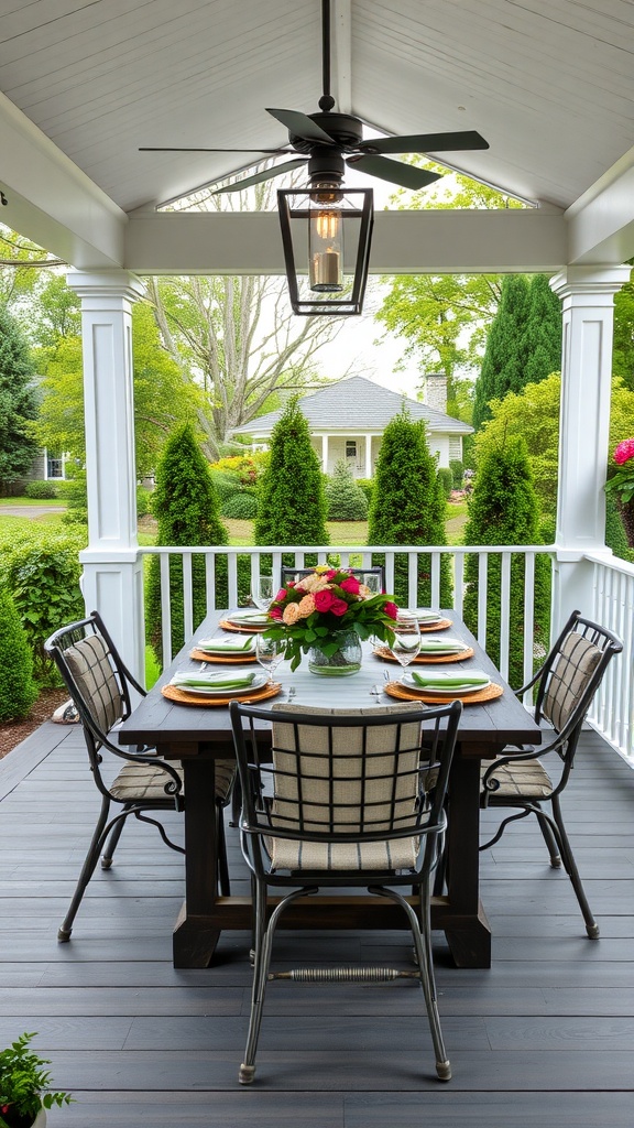Outdoor dining space with a table set for a meal, surrounded by greenery.