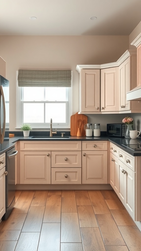 A farmhouse kitchen featuring distressed cabinets in soft pink and white colors, with a dark countertop and wooden floor.
