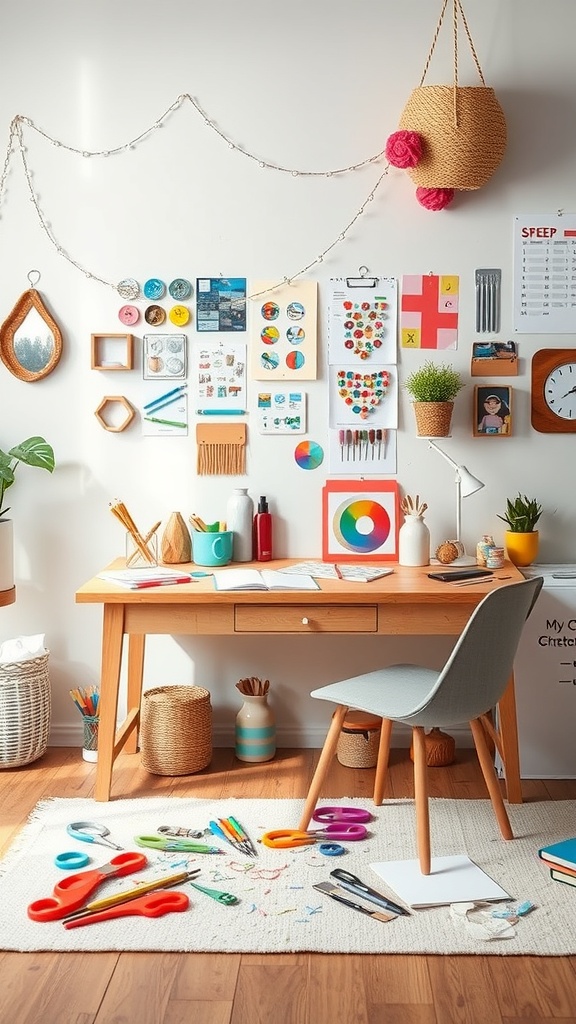 A bright DIY craft table with colorful supplies, a wooden desk, and a decorated wall.